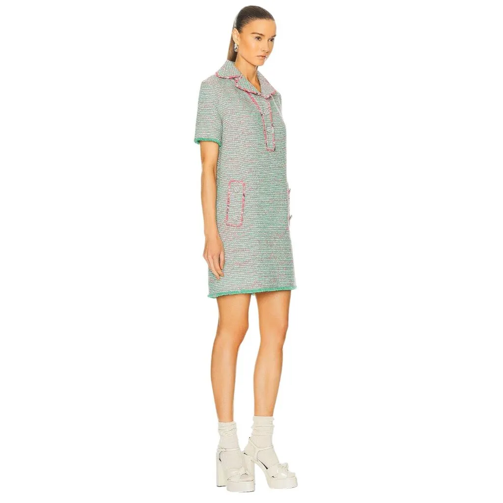 Etro Collared Shirt Dress in Green Pink 38 New Womens Tweed Boucle Mini Size undefined - Image 3