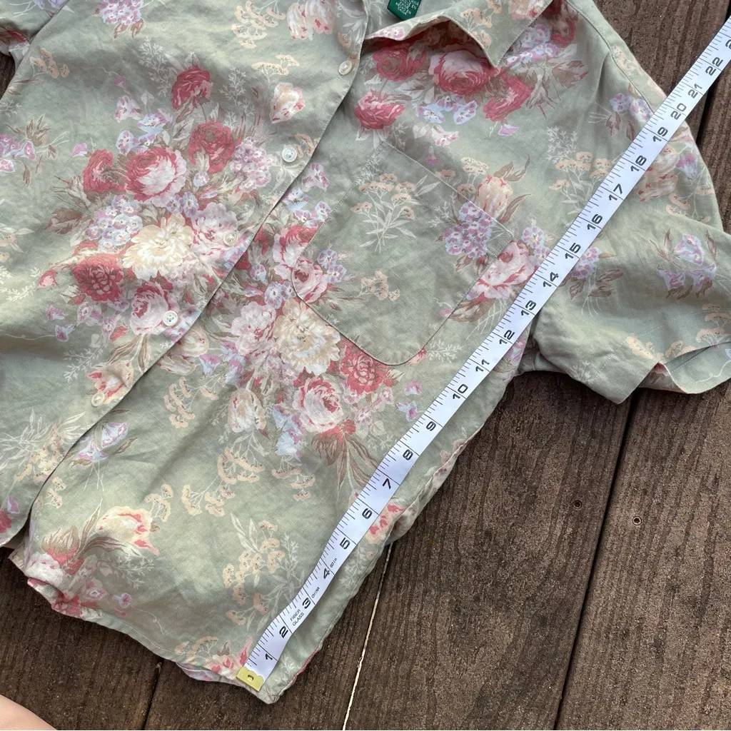 Lauren Ralph Lauren Linen Green Floral Toile Print Short Sleeve Button Shirt S - Image 6