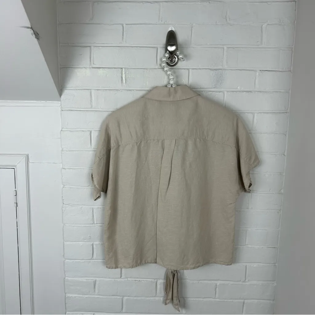 I.N.C. Neutral Linen Blend Boxy Short Sleeve Button Front Top Size XS Tan - Image 8