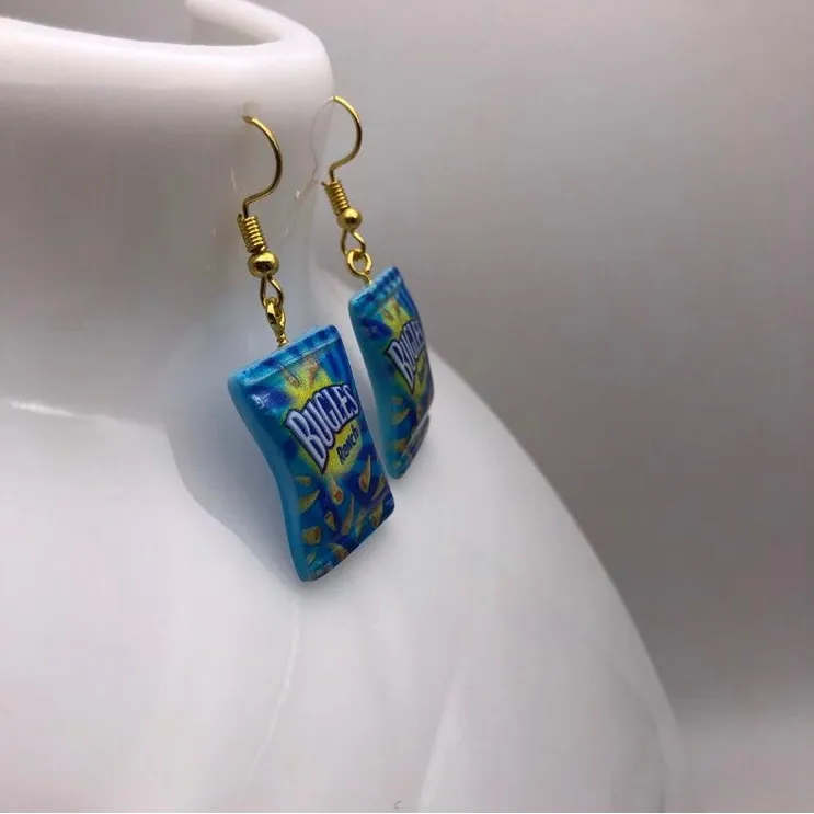 Cute Bugles Chip Bag Earrings Blue - Image 3