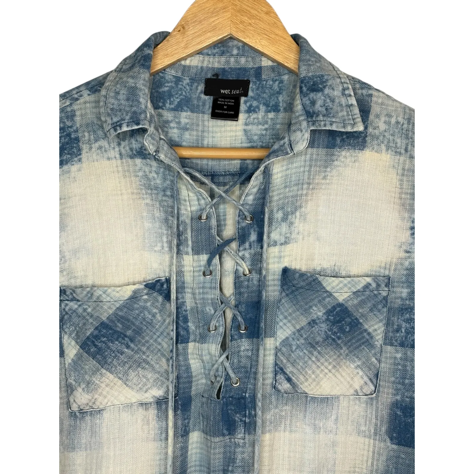 Wet Seal Blue White Plaid Lace Up Long Sleeve‎ Shirt Pockets Women Size Medium - Image 4