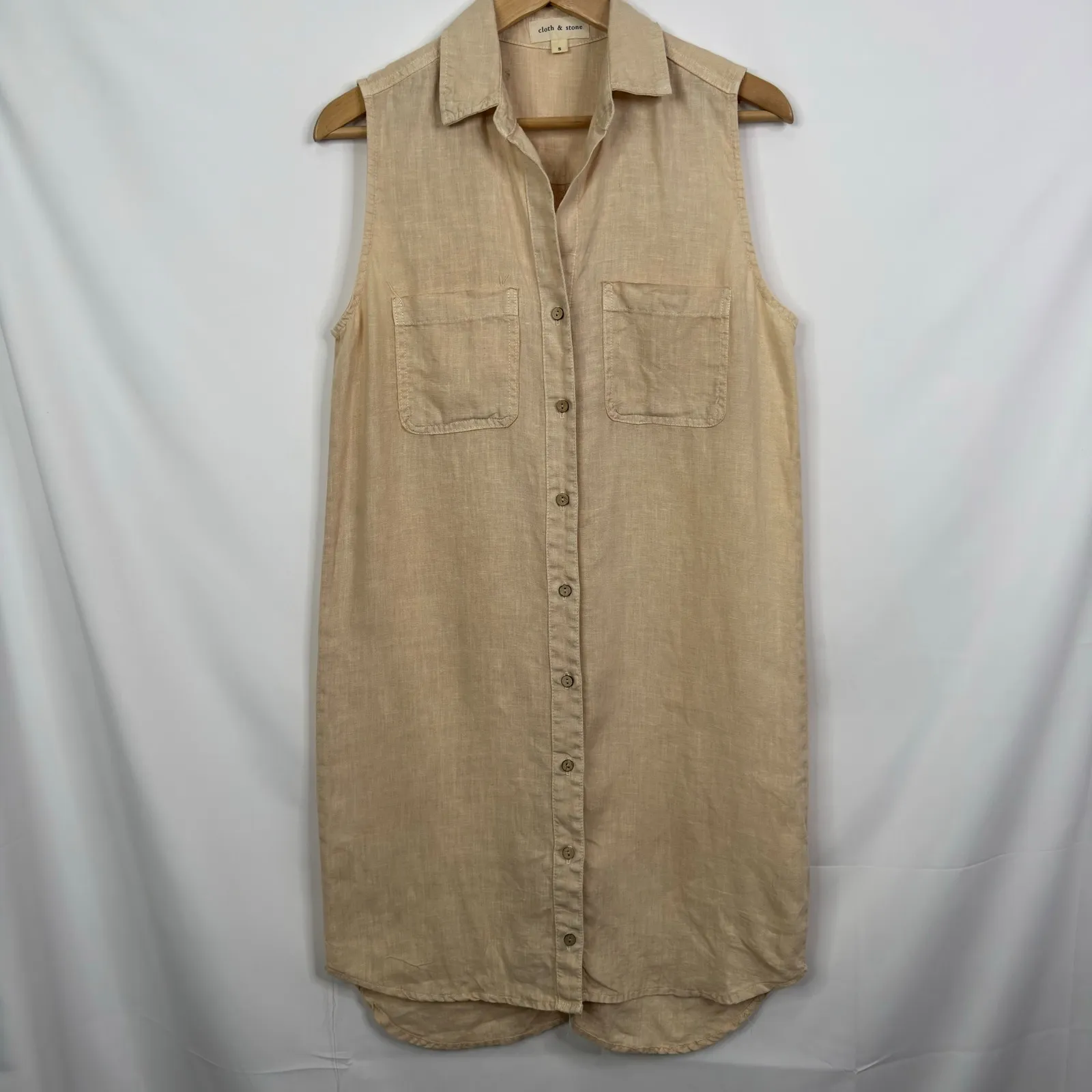 Cloth & Stone Sleeveless Button Front Shirt Dress Tan Linen Blend Size S - Image 3