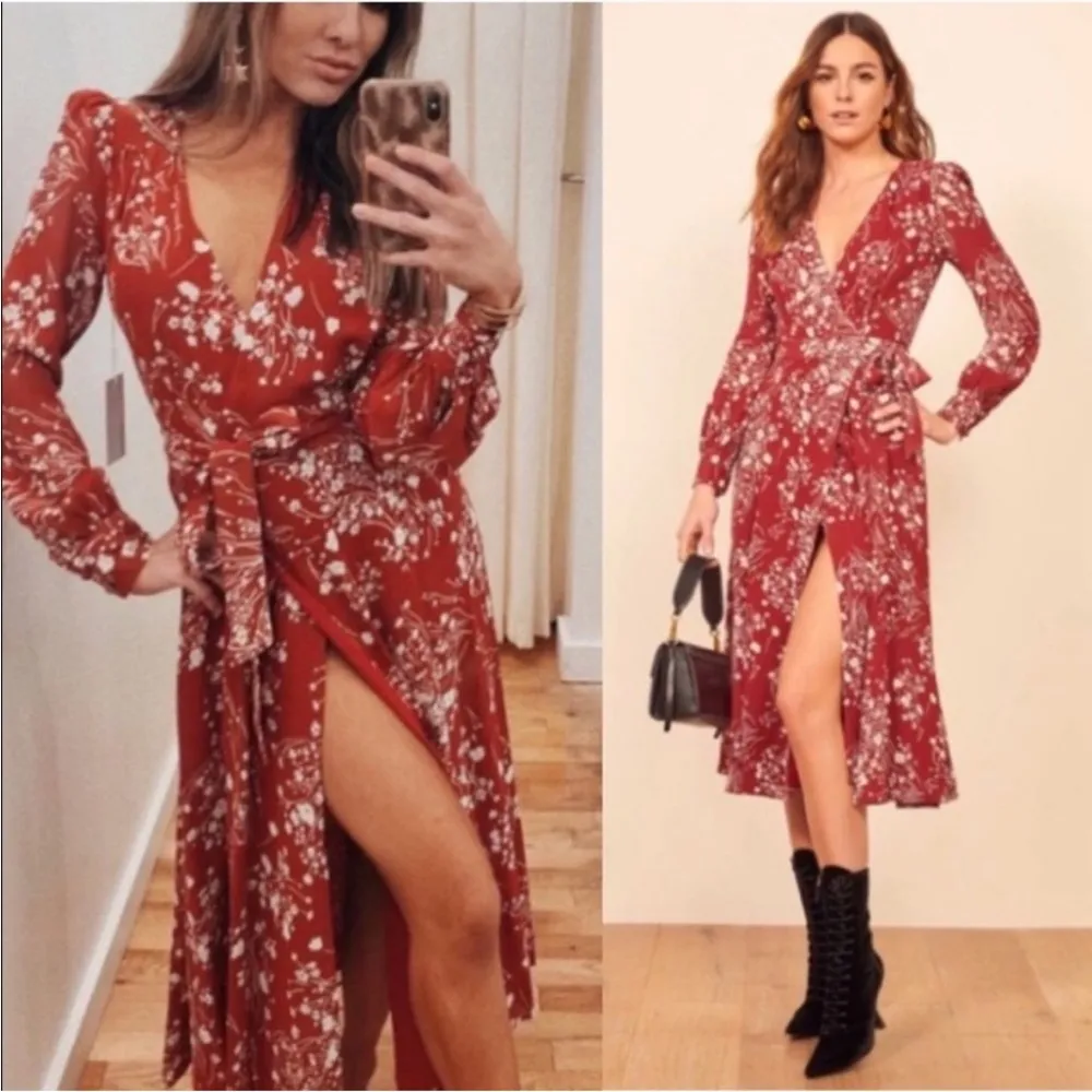 Reformation red floral wrap crepe midi dress WORN ON TV NEW - Image 9