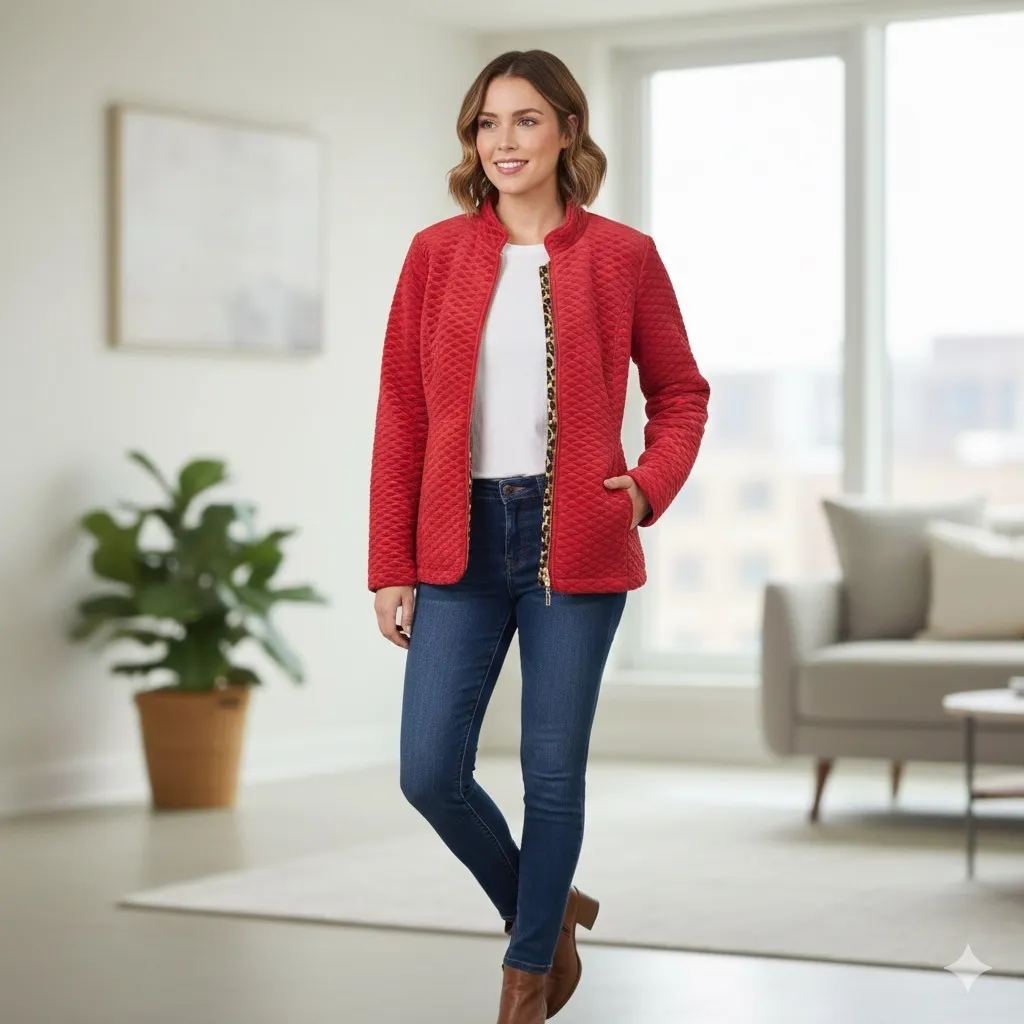 Madison Hill Quilted Zip Front Jacket Womens Medium Red Chic Leopard Print Lined Size undefined - Image 2