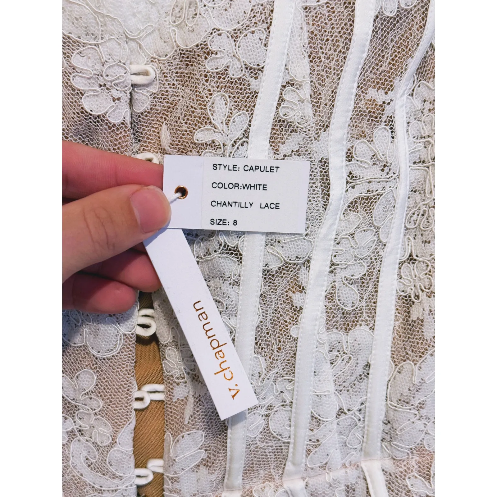 V. Chapman Bridal Capulet Strapless Corset Chantilly Lace Midi Dress 8 Romantic White - Image 12