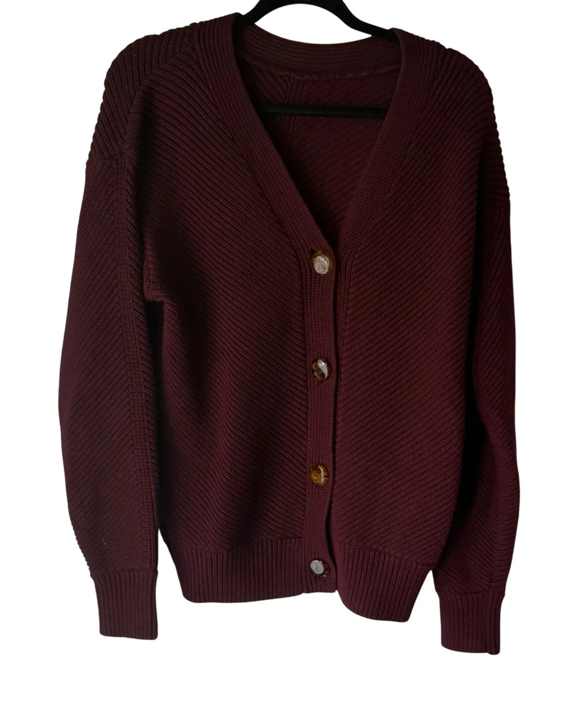 Victoria Beckham Knit Cardigan Sweater Burgundy Button Front V Neck Size 2 Large - Image 1