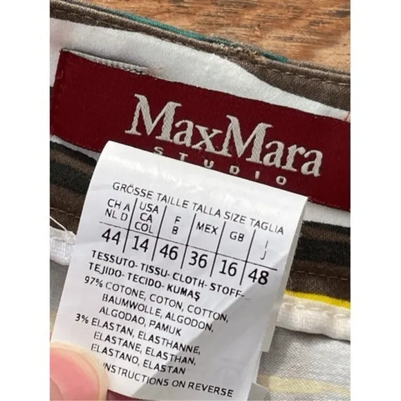 T1 Max Mara Studio High-Rise Striped Stretch Cotton Pants Purple Green Size 14 - Image 3