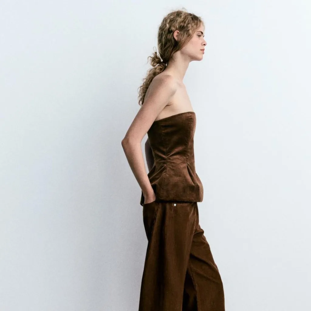 NWOT ZARA Velvet Corduroy Strapless Top Off The Shoulder Square Neck Small - Image 4