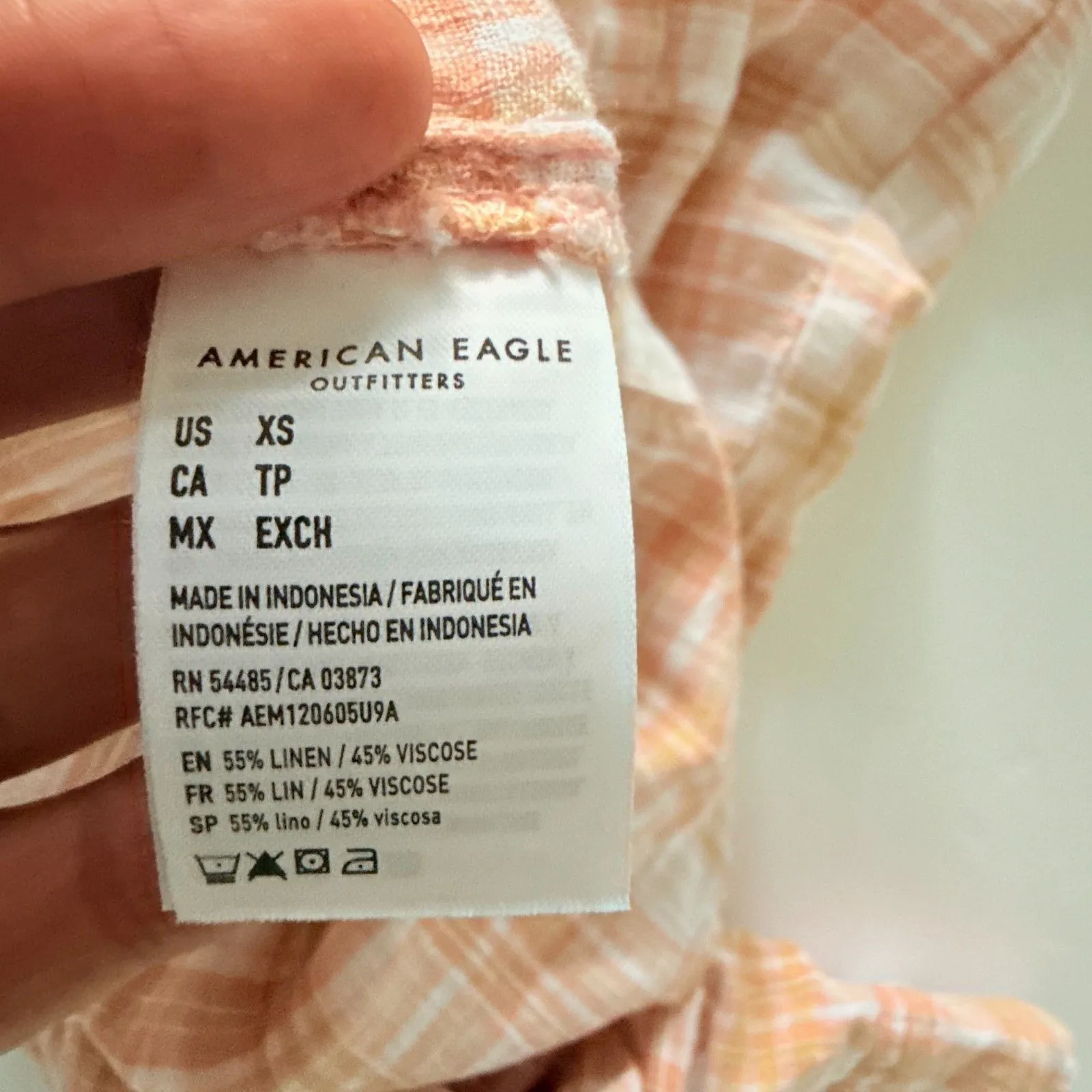 AE Oversized Plaid Linen Blend Button Up Shirt Rolled Sleeve Casual Top Sz XS Pink - Image 7