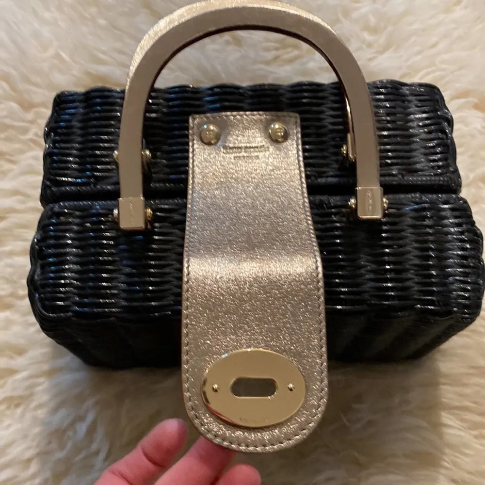 Kate Spade Rectangular Black Wicker Hand Held Purse w/ Gold Handles & Clasp - Image 3