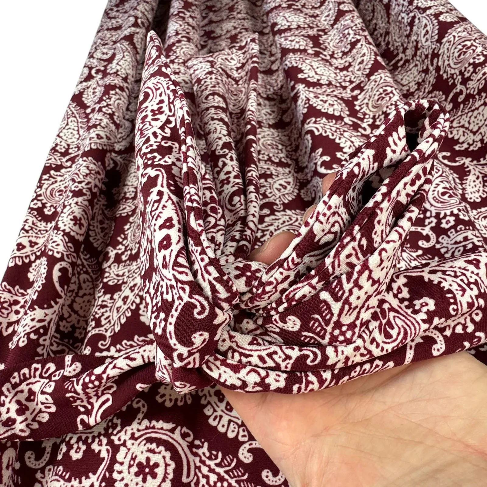 Lauren Ralph Lauren Burgundy White Paisley 3/4 Sleeve Belted Midi‎ Dress Size 8 - Image 4