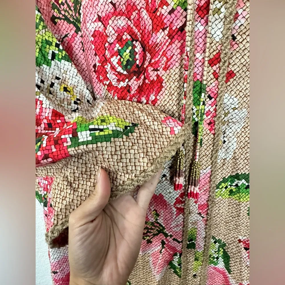 FARM RIO Floral ruffle beaded linen blend midi dress size L - Image 6