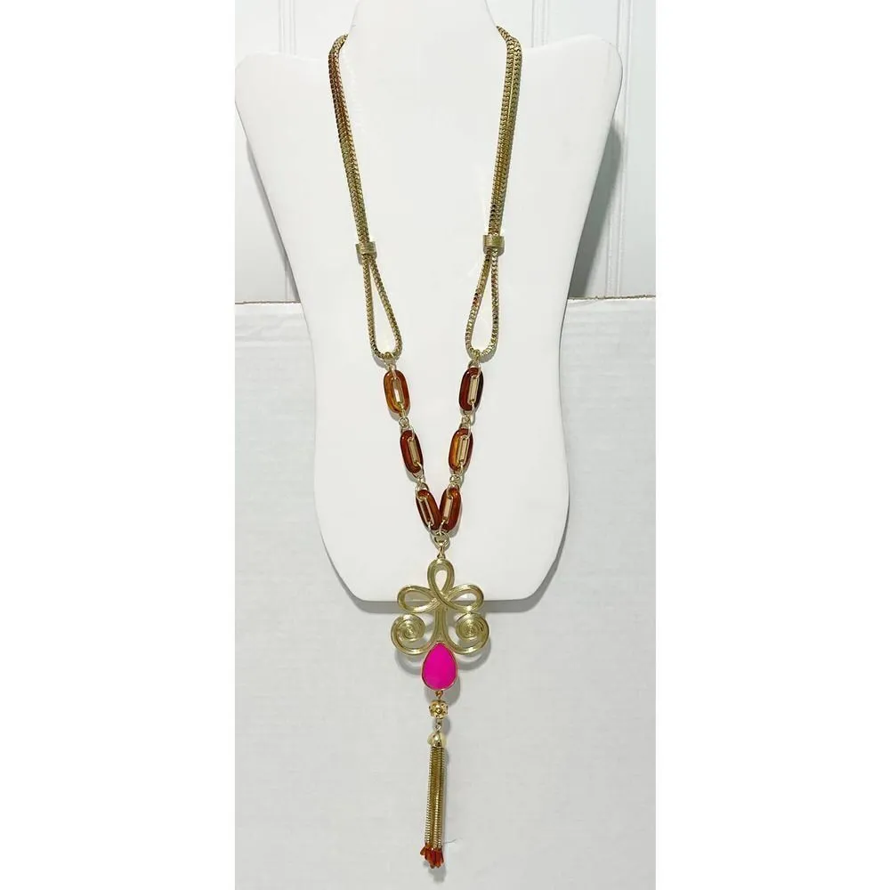 Lilly Pulitzer Boho Lariat Necklace Gold‎ Tone Chain Pink Stone Tassel Pendant - Image 2