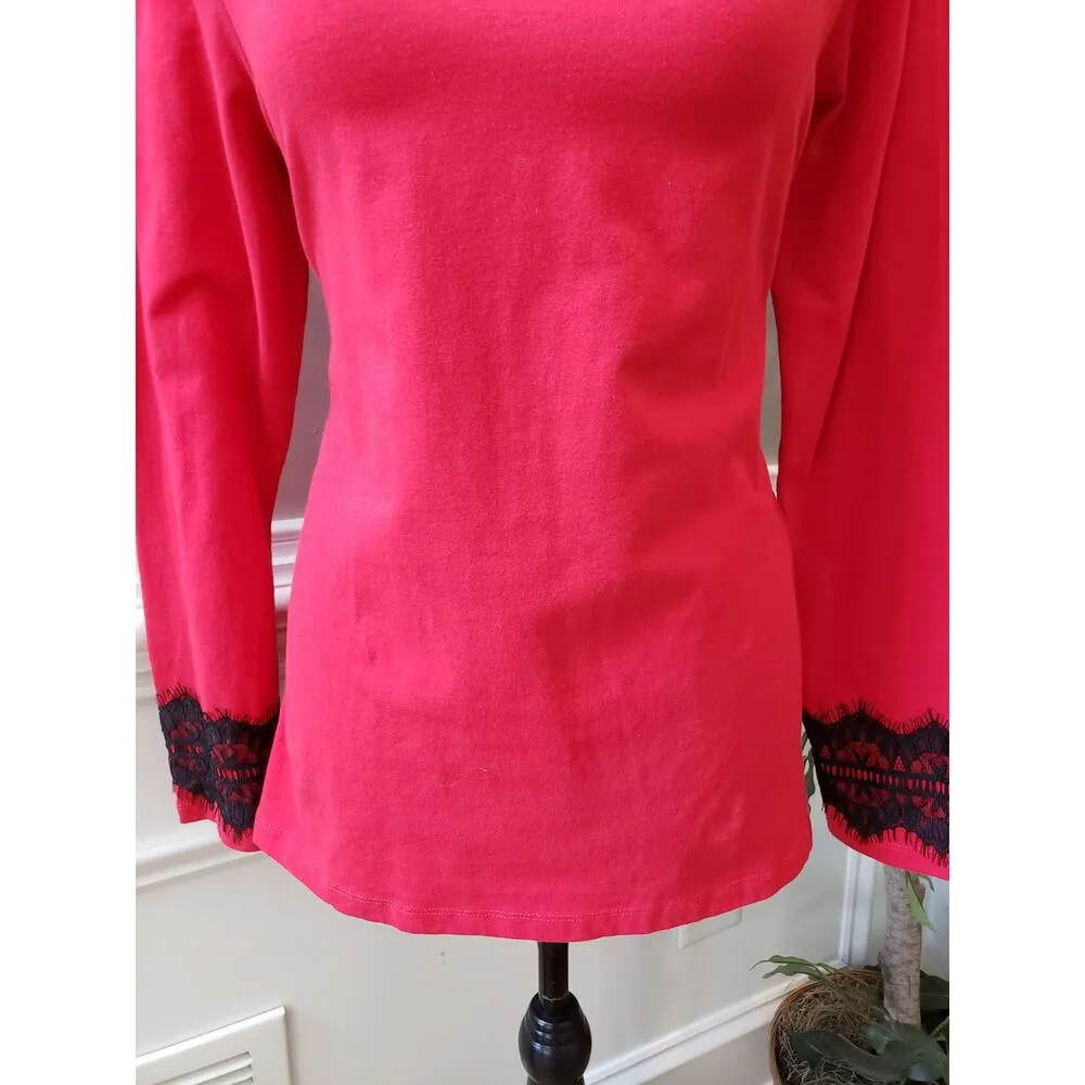 Women's IZOD Red Lace Shoulder Long Sleeve Top with Black Lace Detail Size M - Image 4