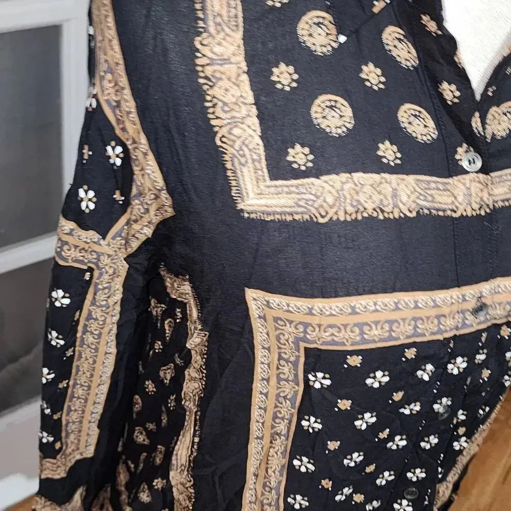 Free People Womens Black Brown Little Secrets Scarf‎ Print Blouse Shirt XS - Image 3