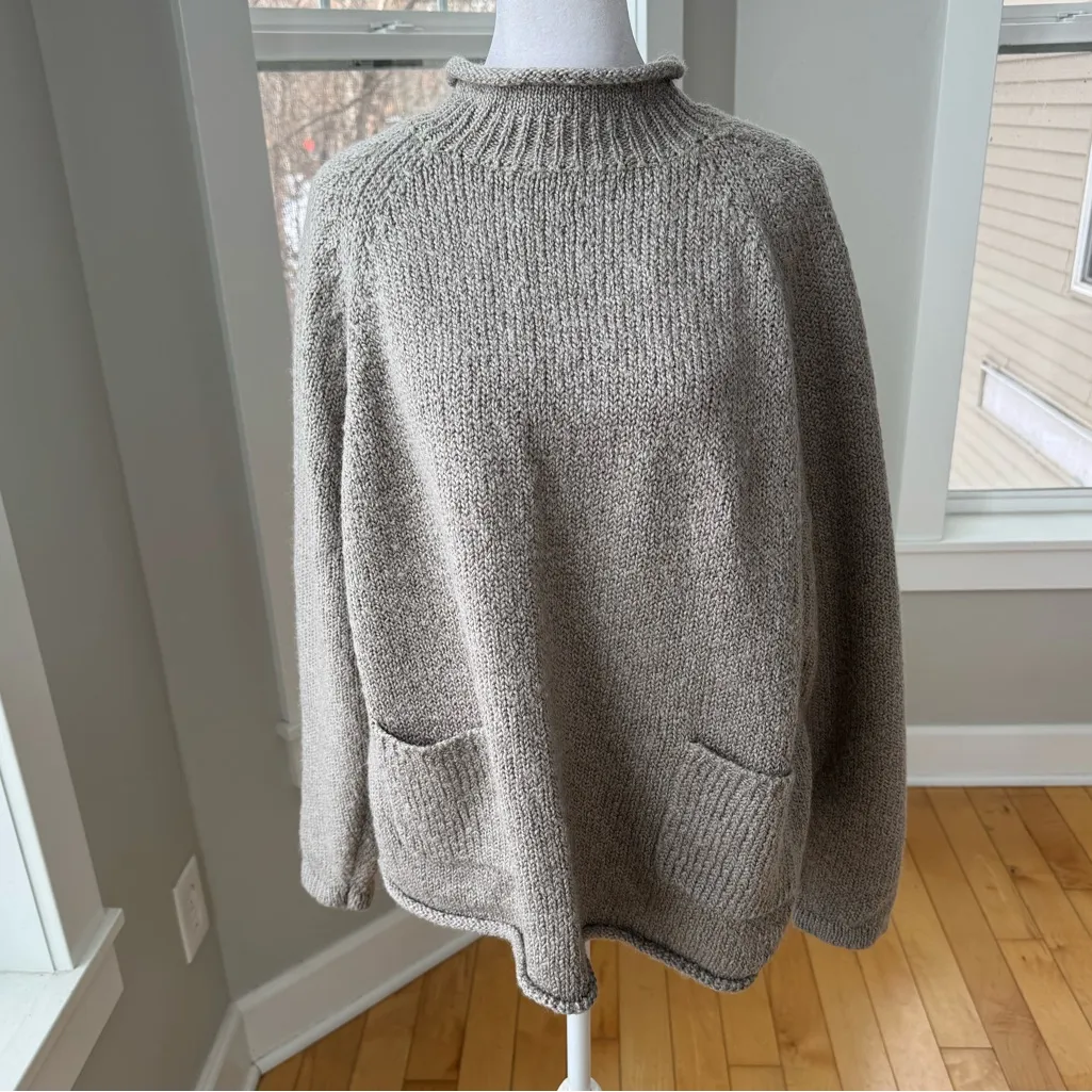 Vintage 90s In Knit Taupe Tan Rollneck Wool Blend Patch Pocket Mockneck Sweater Size L - Image 5