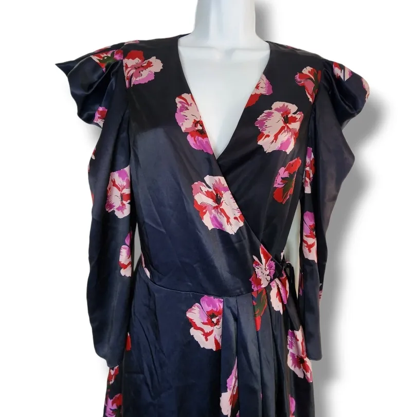Joie Miltona Navy Floral Satin Wrap Midi Dress – Small - Image 5