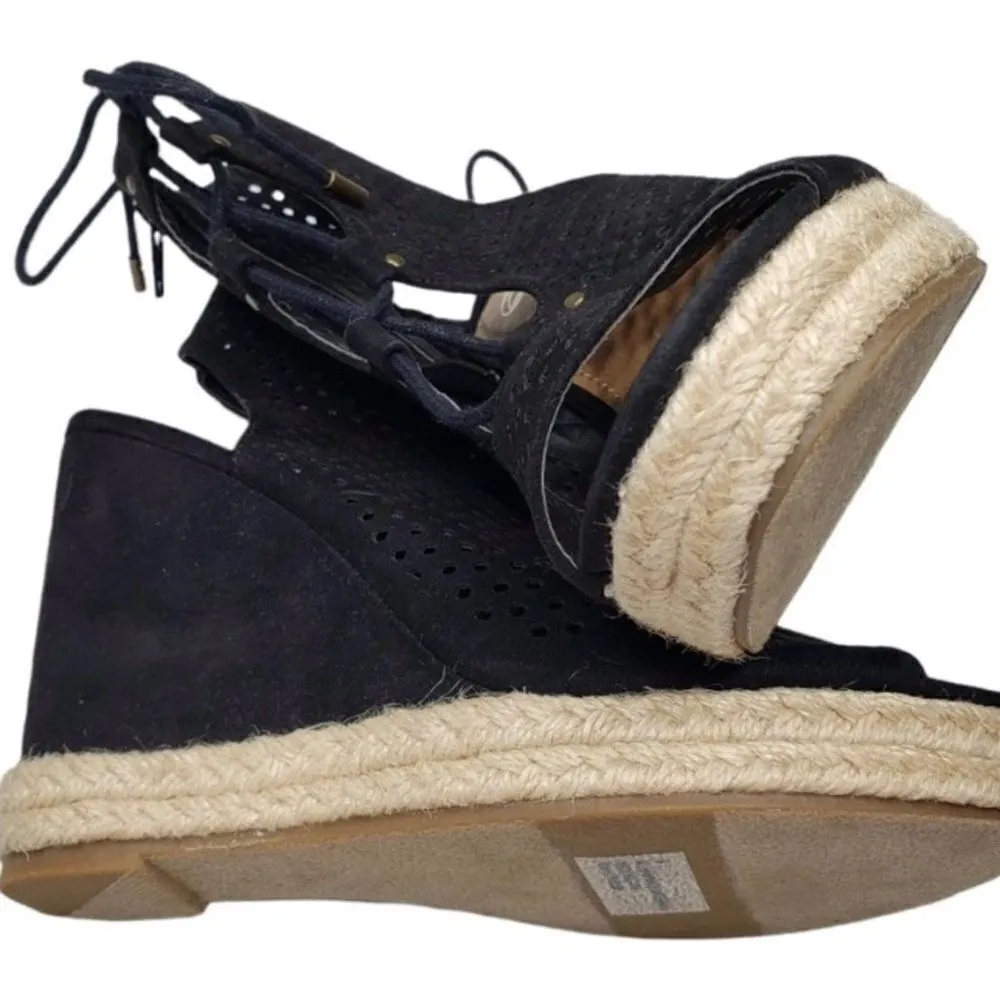#157 WEDGE Suede Lace Up Sandals Black Size 8 - Image 9