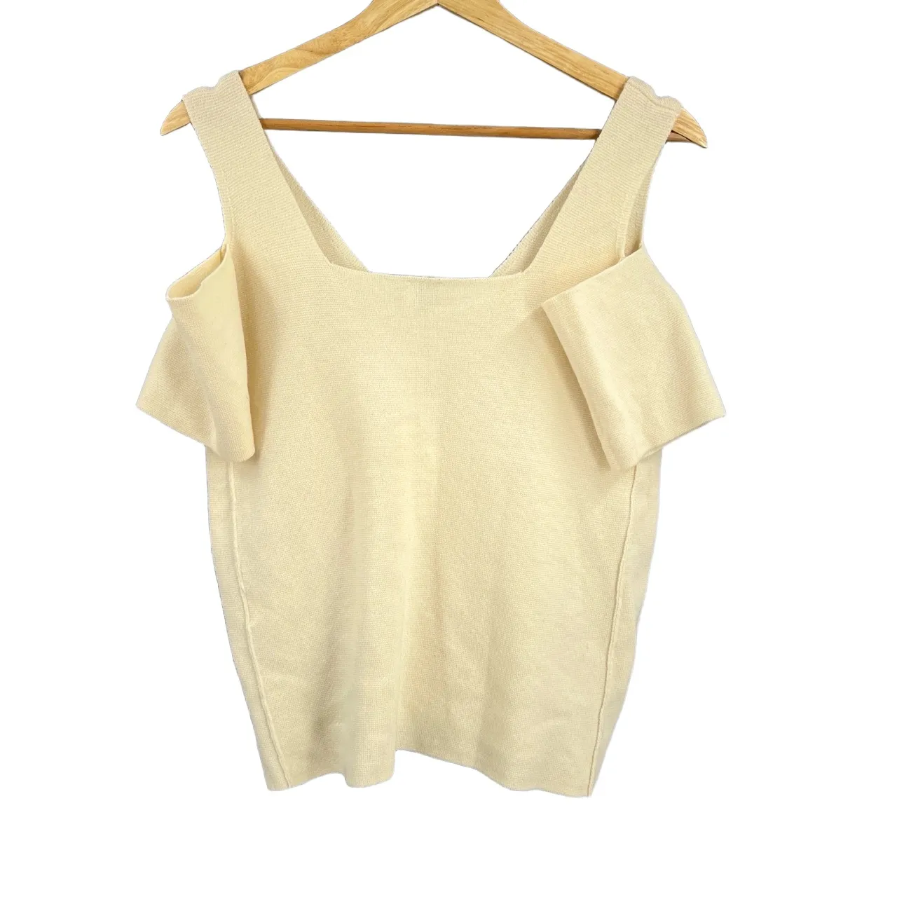 IRIS & INK Wool Sweater Cream Cold Shoulder Knit Top Reverse Seam Short Sleeve S White - Image 2