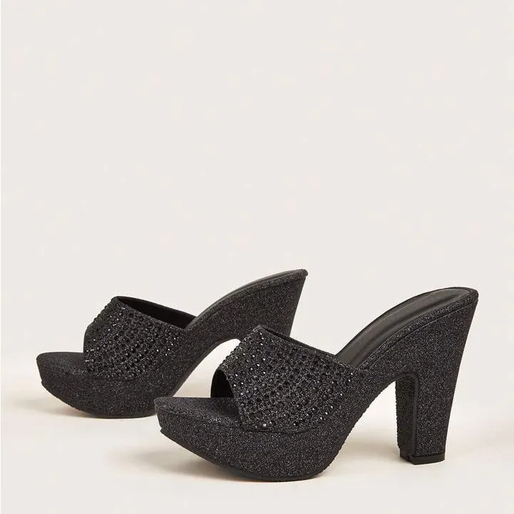 Black Sparkle Rhinestone Mule Chunky Heel Size 7 - Image 2