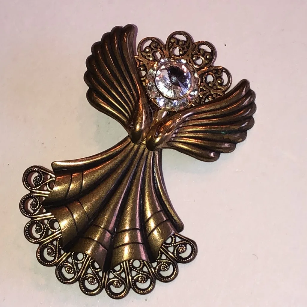 Elegant Bronze Tone Vintage Angel Brooch with Crystal Accent Brown - Image 2