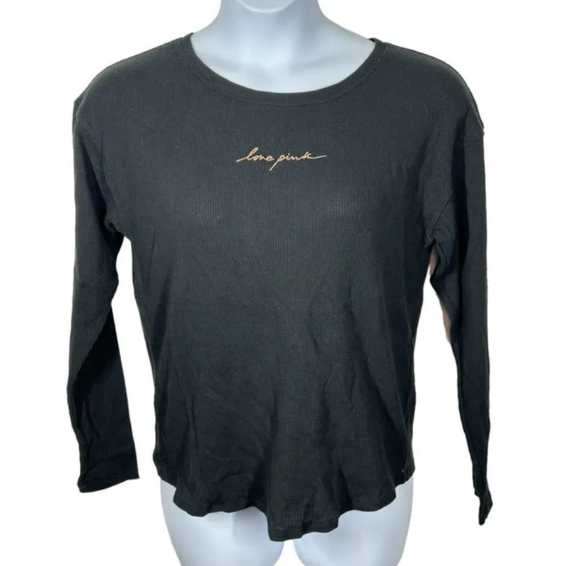 Victoria’s Secret PINK Black Waffle Knit Long Sleeve Top M Gold Glitter Size M - Image 3