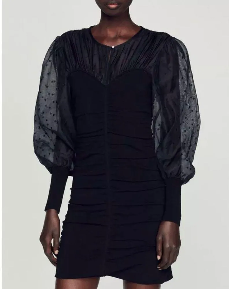 SANDRO Balmora Swiss-Dot Puff-Sleeve black mini Dress NWT - Image 6