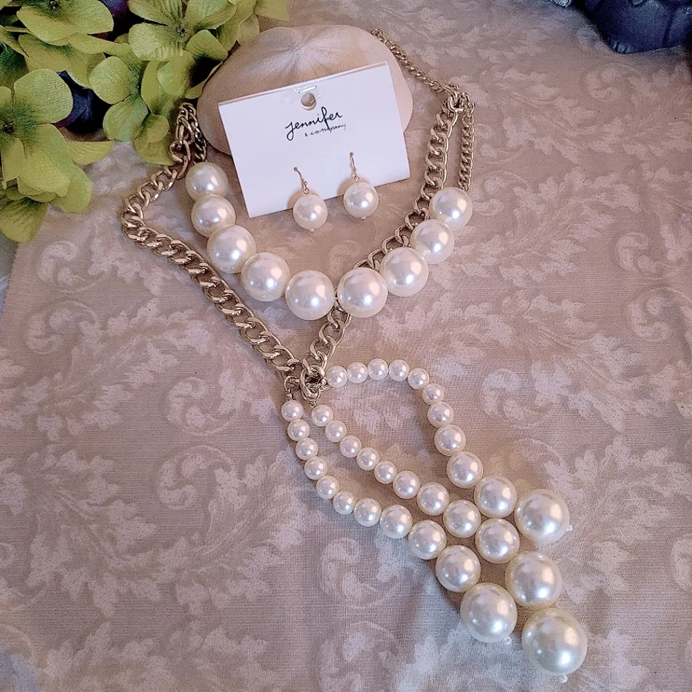 2 Strand Gold Chain & Pearl Tassels Necklace Set - Image 2