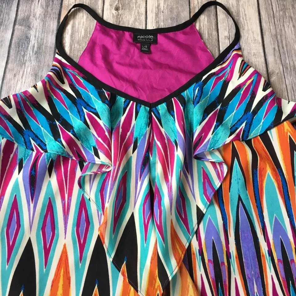 Y2K Sleeveless Tank Top L 12 14 Nicole Miller Ruffled V Neck Colorful Bold Print - Image 2