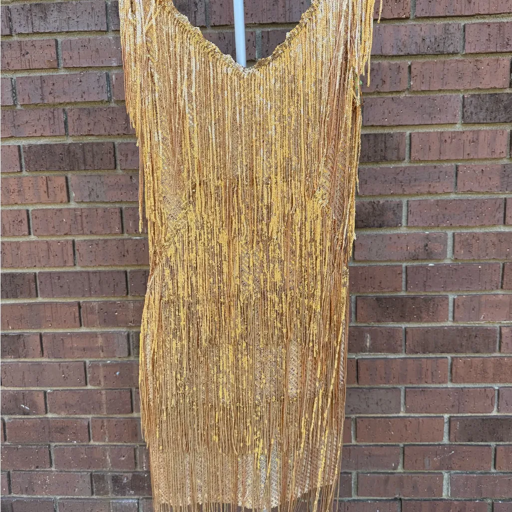 Gold Sequin Fringe Mini Dress Womens Size XS Fearless Showgirl Flapper Cocktail - Image 2