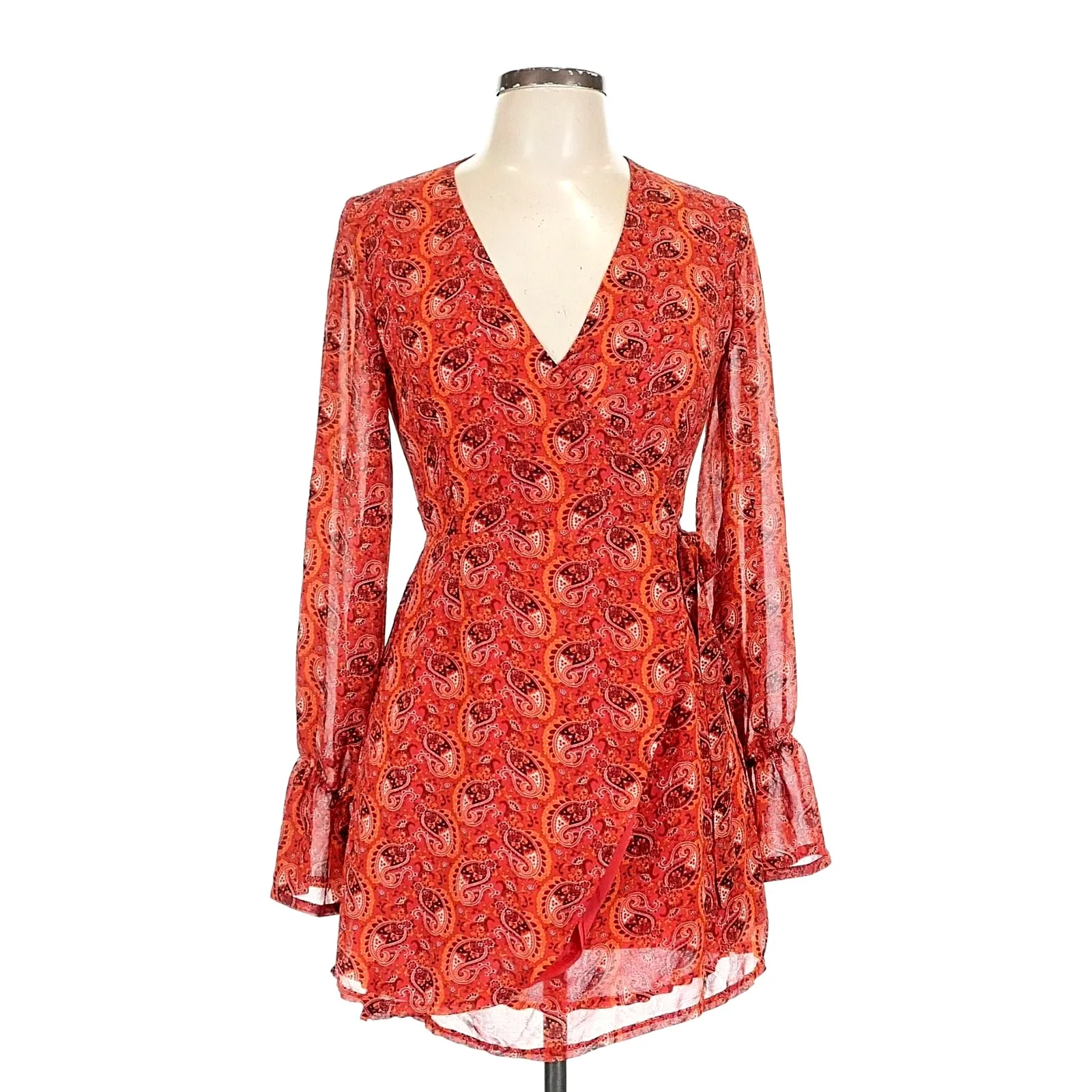 One Way Wrap Around Paisley Mini Dress Long Sleeves Red/Orange 12 - Image 3