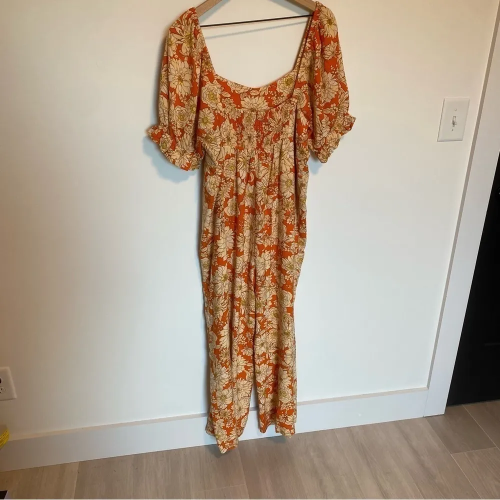 NWT Anthropologie If By Sea Orange Floral Puff Sleeve Jumpsuit, Size XL - Image 8