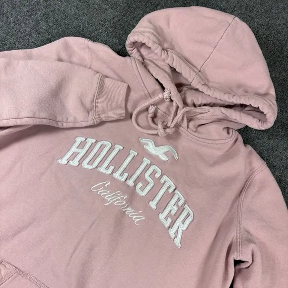 Hollister Medium Pullover Hoodie Dusty Light Pink Drawstring Pocket Front Pocket - Image 2