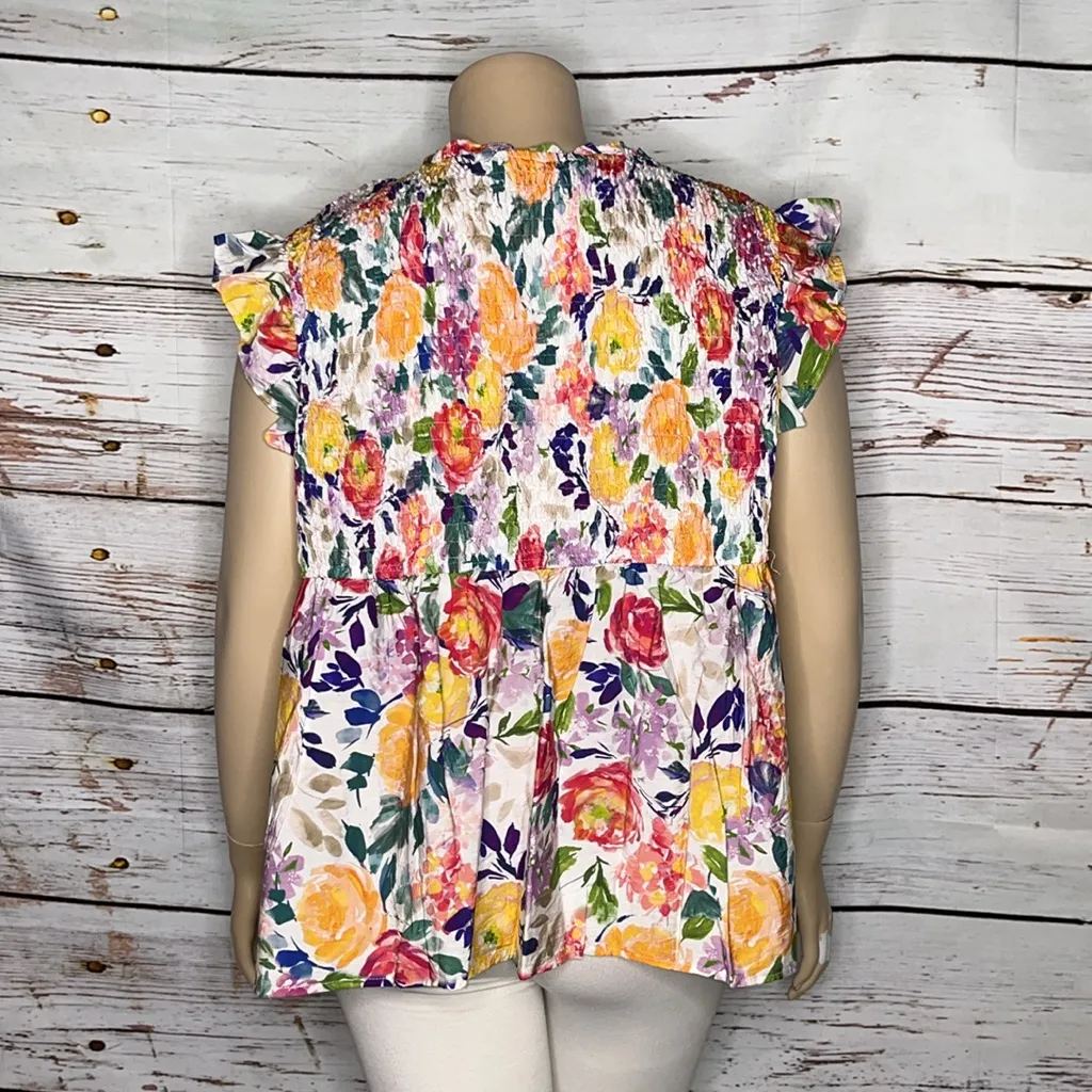 Hayden 2XL Watercolor Floral Print Ruffle Sleeve Tassel Tie Babydoll Blouse Top Pink Size undefined - Image 4