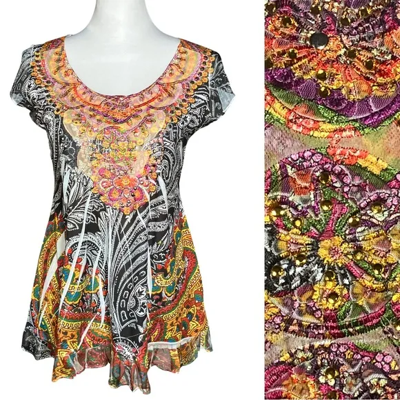 Y2K Multicolor Embellished Paisley Going Out Top. Sz S Burnout Hippie Boho Retro Orange - Image 2
