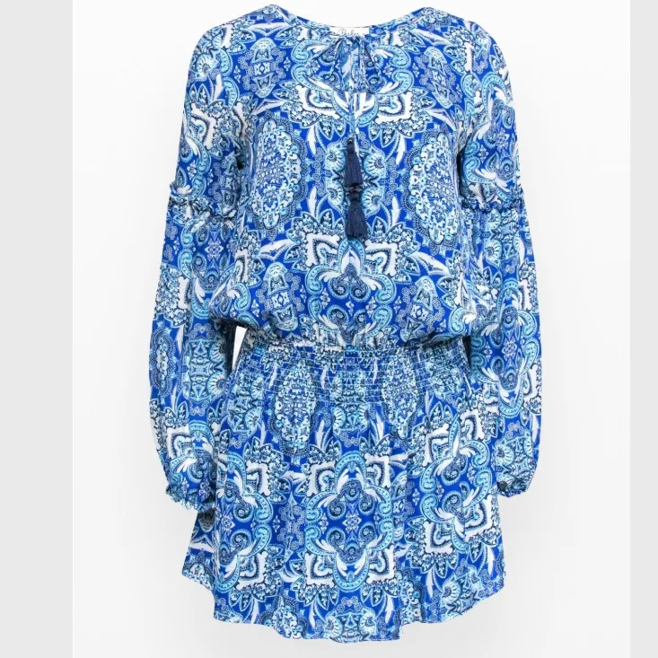 Parker - Bright Blue Silk Paisley Print Peasant Dress Sz S - Image 3
