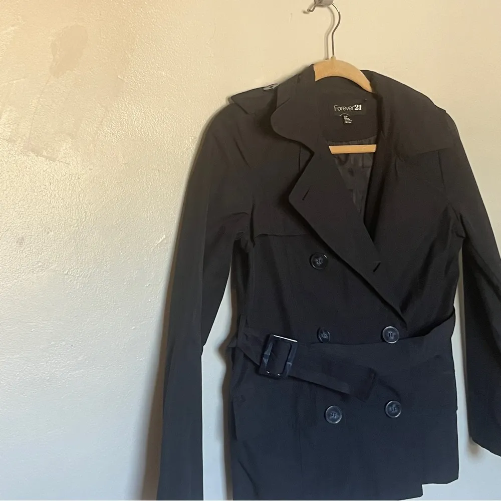 Forever 21 F21 Navy Blue Short Trench Raincoat Jacket w Belt, Size Small - Image 4