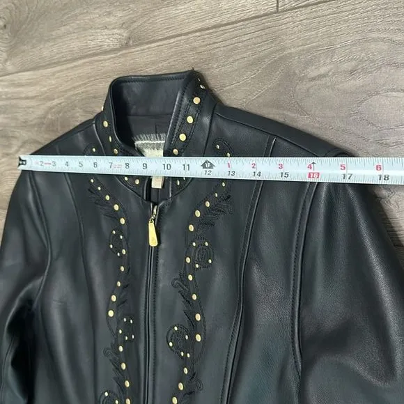 St. John Lamb's Leather Black Gold‎ Studded Full Zip Jacket Size Medium - Image 13