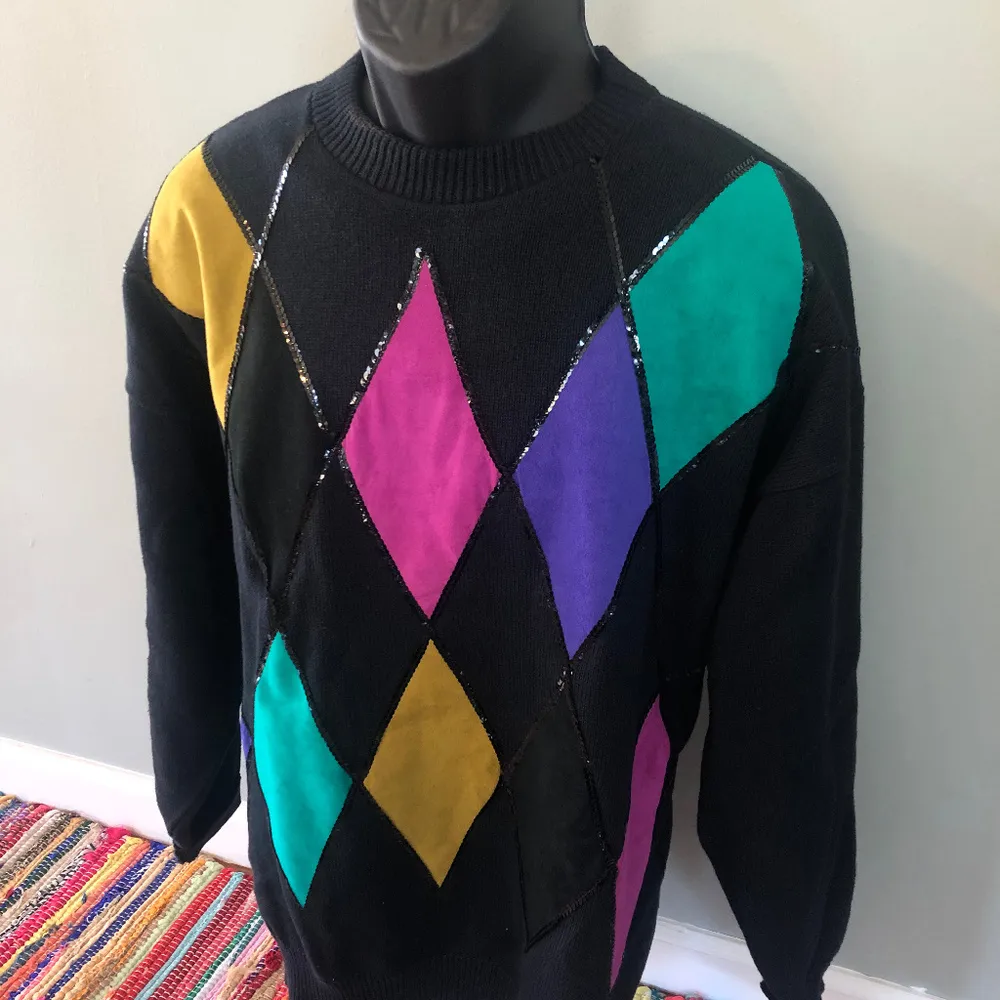 80s Suede Argyle Sequin Sweater Rainbow XL Black - Image 2