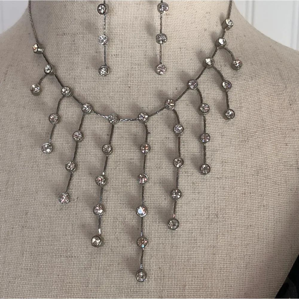 Vintage 1998 Waterfall Rhinestone Necklace W/ Matching Earrings Silver - Image 2