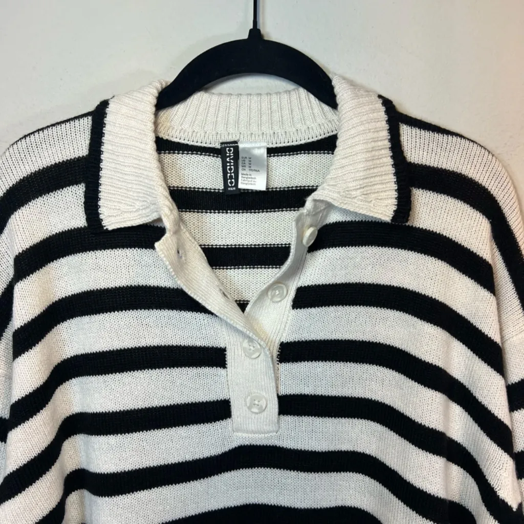 H&M Divided Cropped Polo Sweater Striped Ivory Black Stretch Preppy Women Medium - Image 2