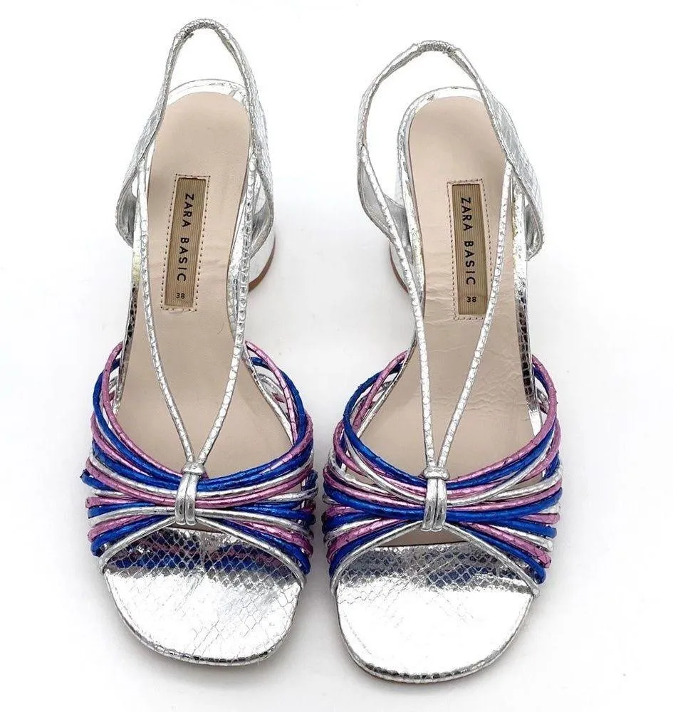 Zara Silver Metallic Block Heel Strappy Sandal Colorful Disco Shoes Size 38 7.5 - Image 4