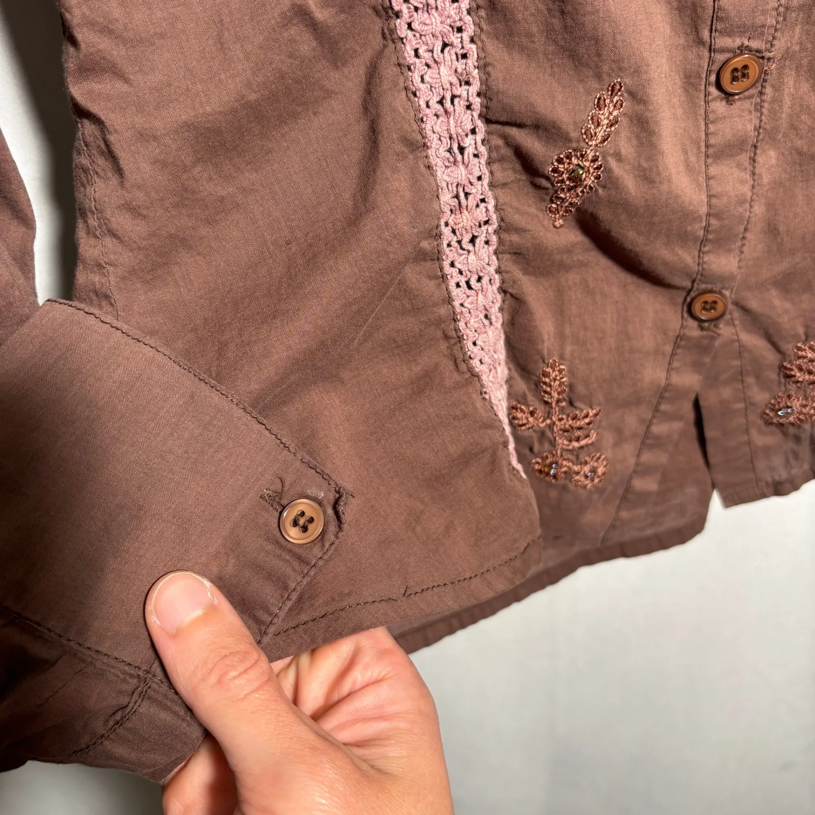 VTG Y2K Brown Long Sleeve Button Up Top Pink Lace Beaded Fairy Boho S Embroidery - Image 6