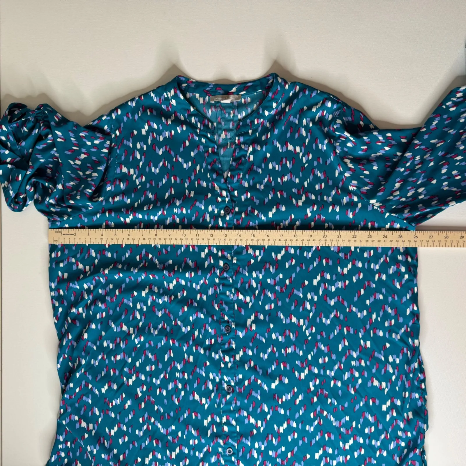 Woman Within Abstract Button Down Blouse Size 18/20 Teal Roll Tab Colorful Boho - Image 12