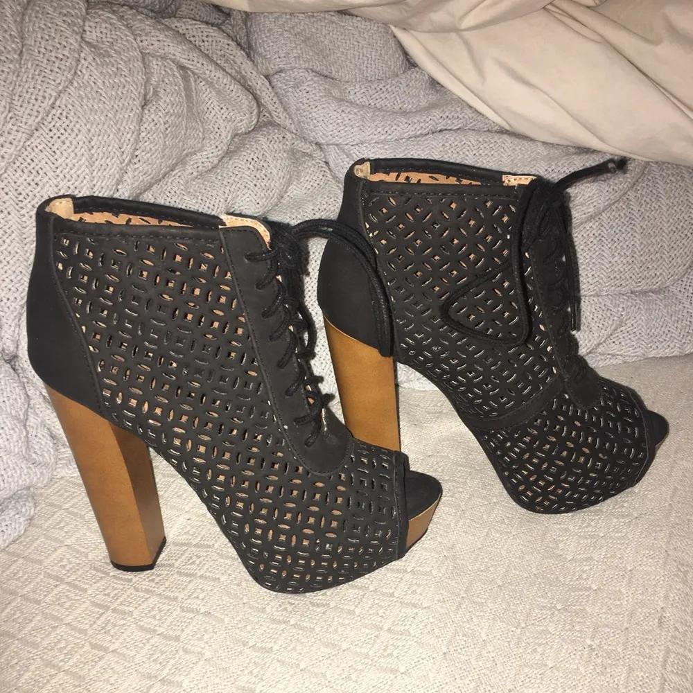 Qupid Lace Up Perforated Platform Heels - Image 3