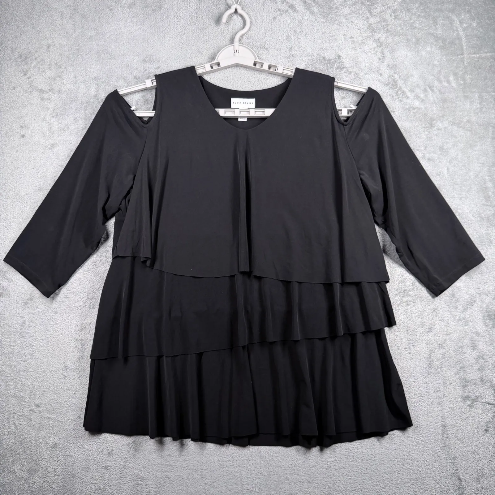Susan Graver Black Cold Shoulder Tiered Ruffle Blouse Large 3/4 Sleeve Neutral - Image 2