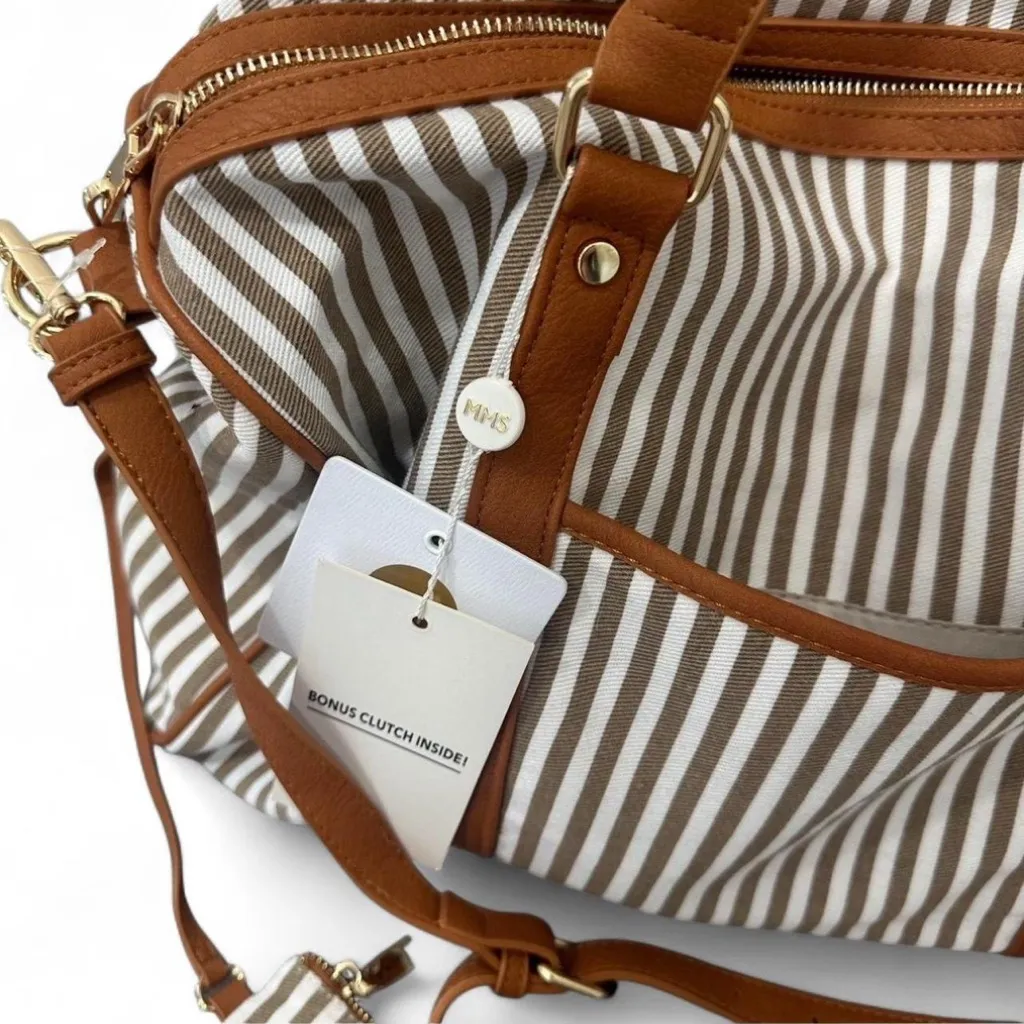 NWT MMS Striped Brown and White Women's Bag Set Duffle w Clutch Inside - Image 2