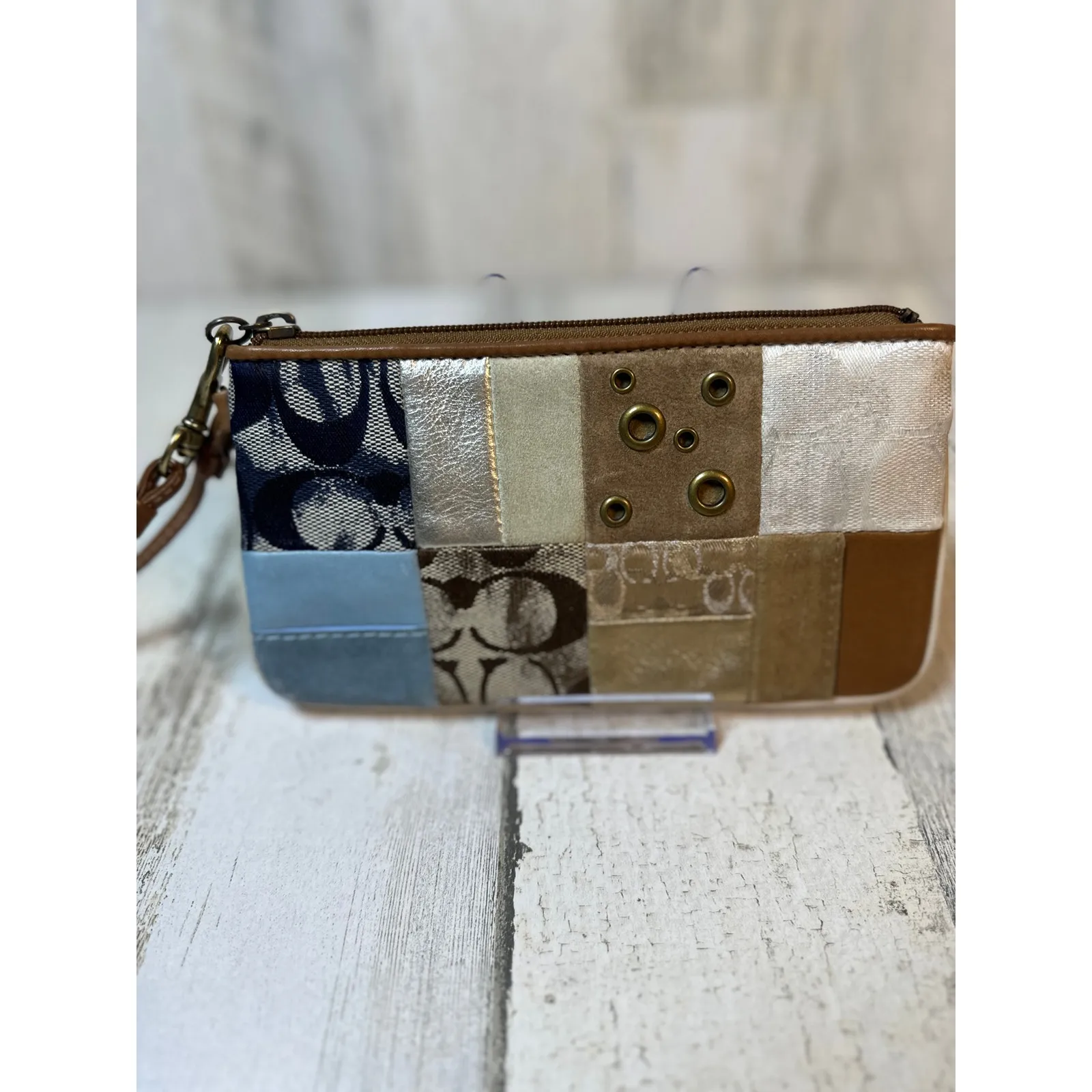 Coach Patchwork Signature Canvas Leather Wristlet Metallic Suede - Image 2