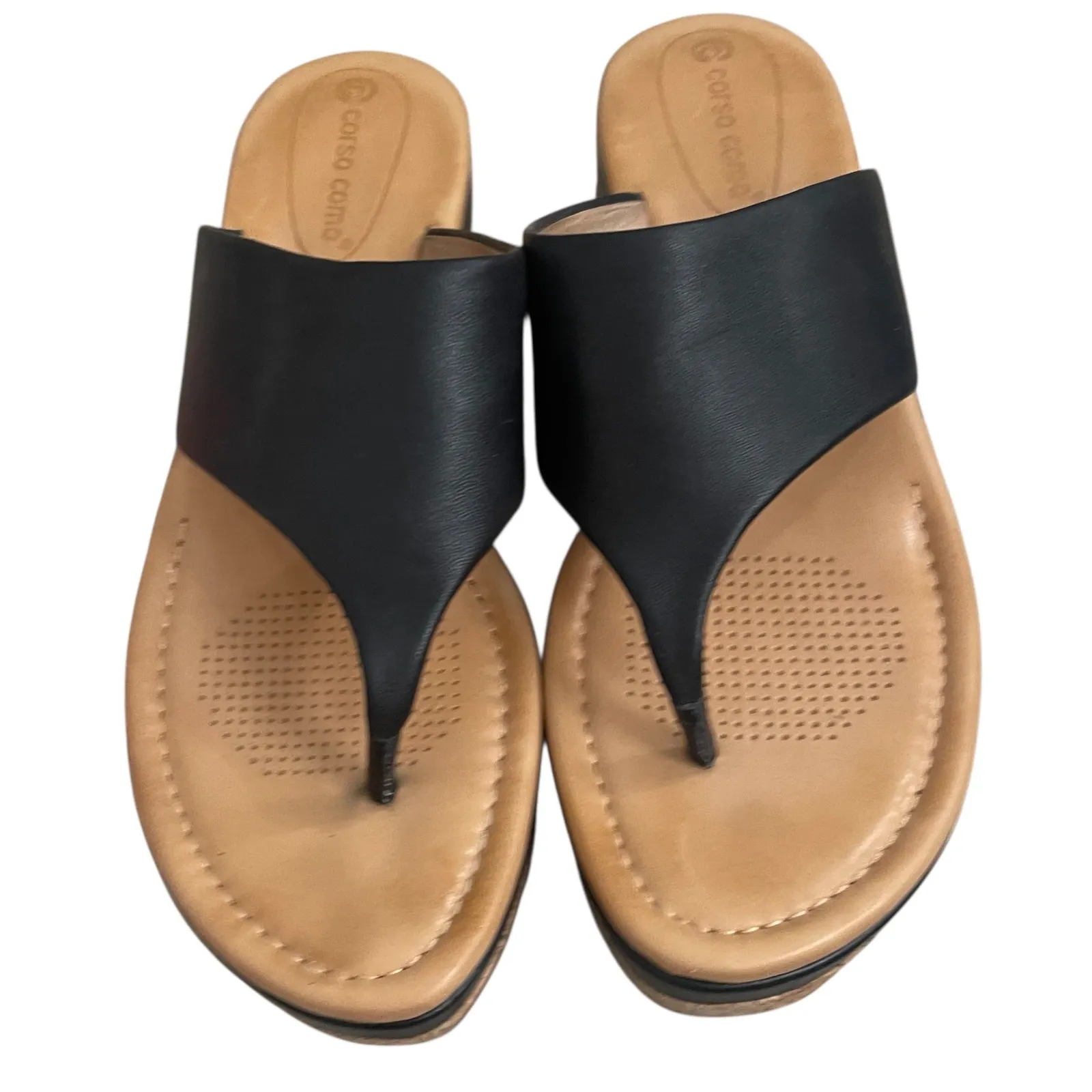 Corso Como Sz 10m Black Leather Thong Platform Cork Wedge Sandals Women's Shoes - Image 2
