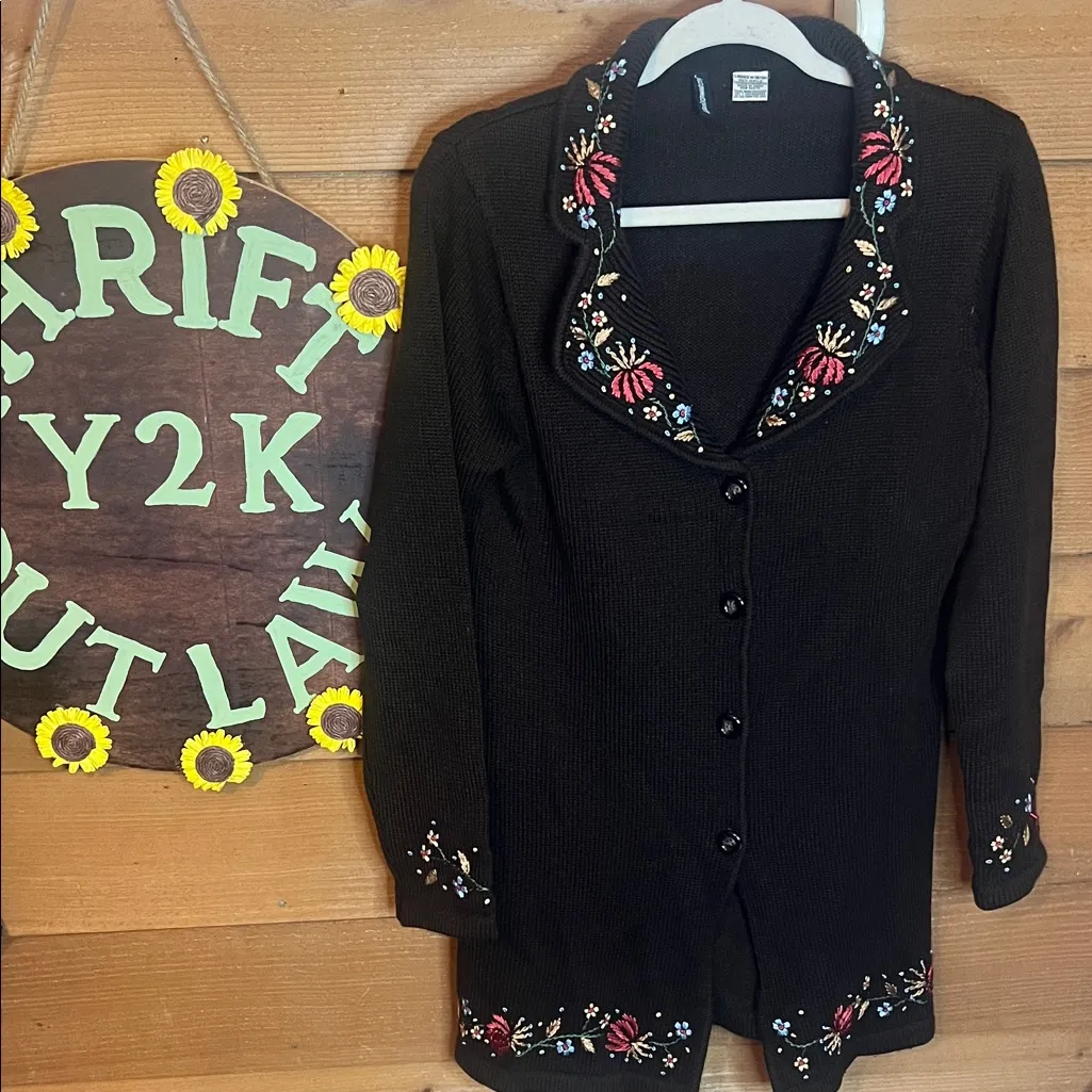 VTG Jason Maxwell Y2K Knit MIDI Sweater Yarn Detail Floral Button Front Brown M - Image 2